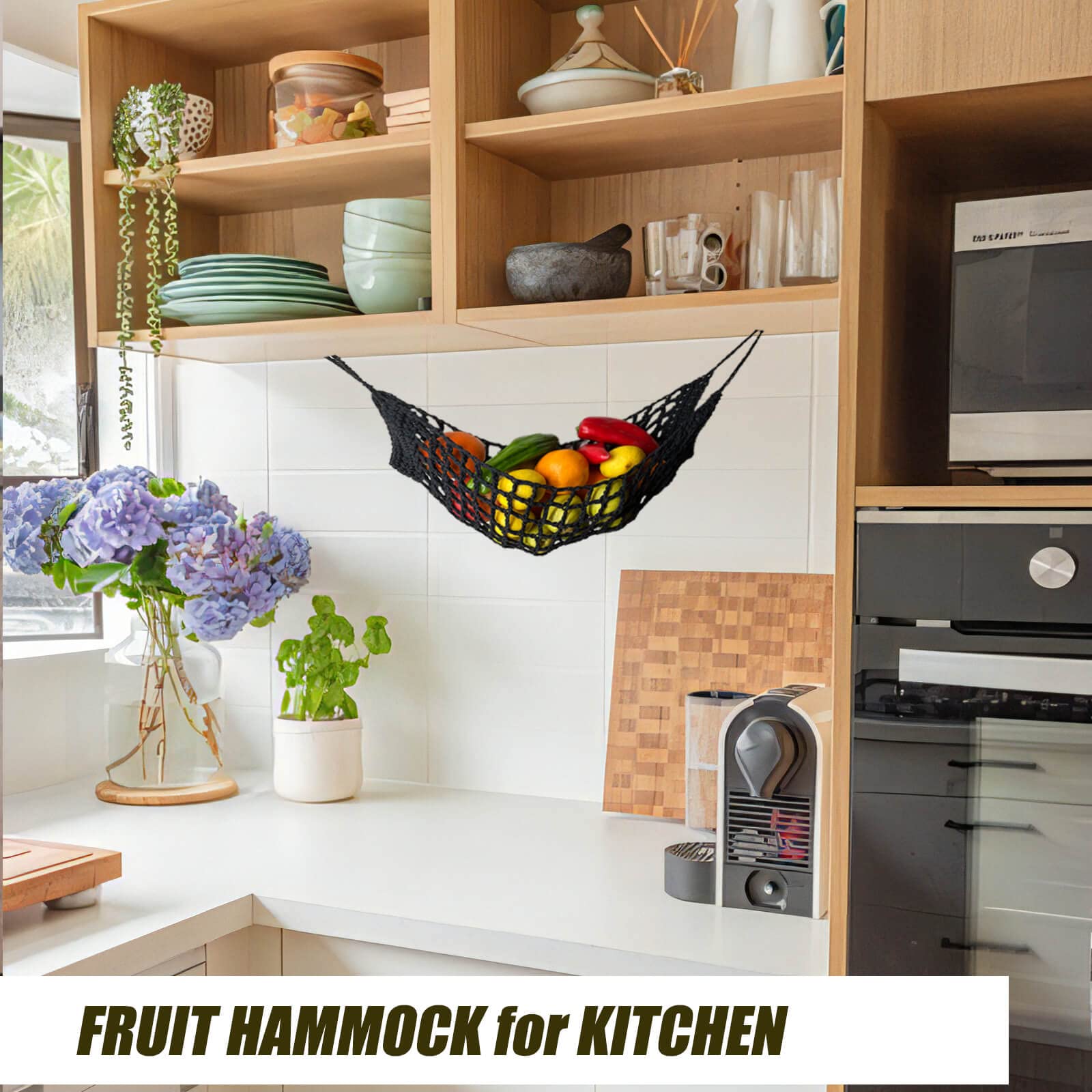 Large Macrame Fruit Hammock Under Cabinet,Veggie Banana Hammock Hanging Fruit Basket,Saves Counter Space for Kitchen Boat Rv Camper (black)