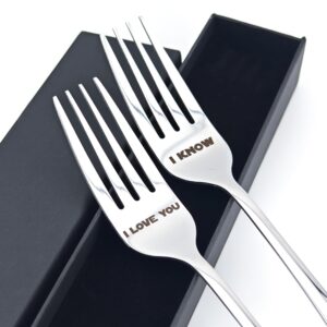 i love you/i know pair of forks for couple 7.9" laser-engraved fork with gift box, valentine gift for starwars fans