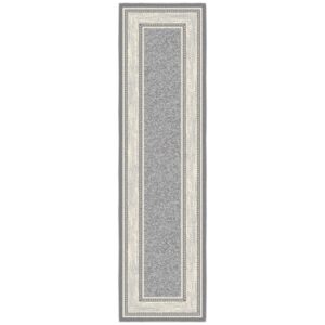 Ottomanson Ottohome Non-Slip Rubberback Bordered Design 2x7 Indoor Runner Rug, 1'10" x 7', Light Gray