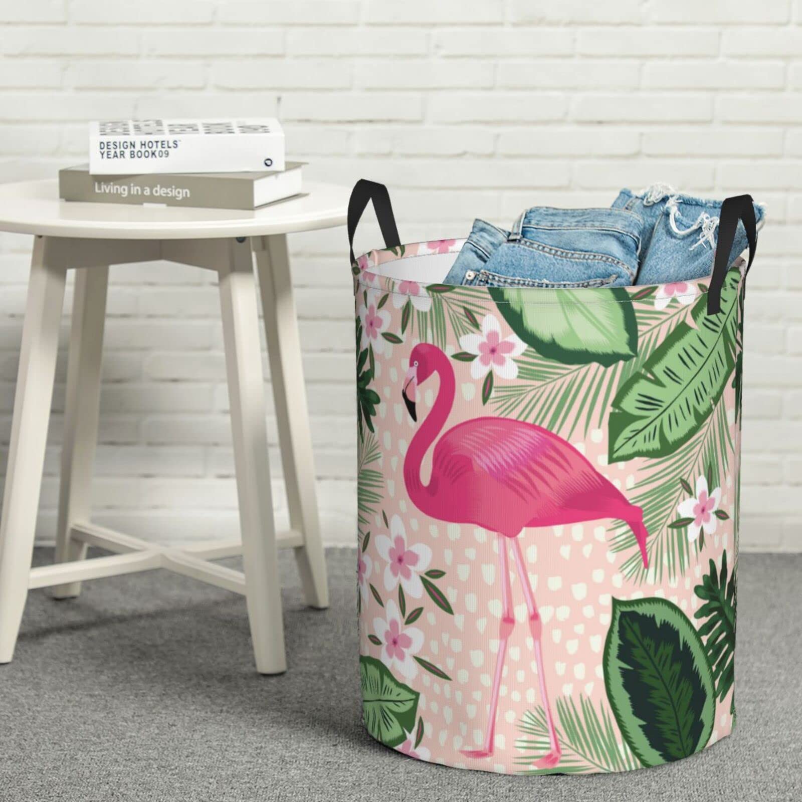 Gbuzozie 38l Round Laundry Hamper Flamingo Palm Leaves Flowers Storage Basket Waterproof Coating Organizer Bin For Nursery Clothes Toys