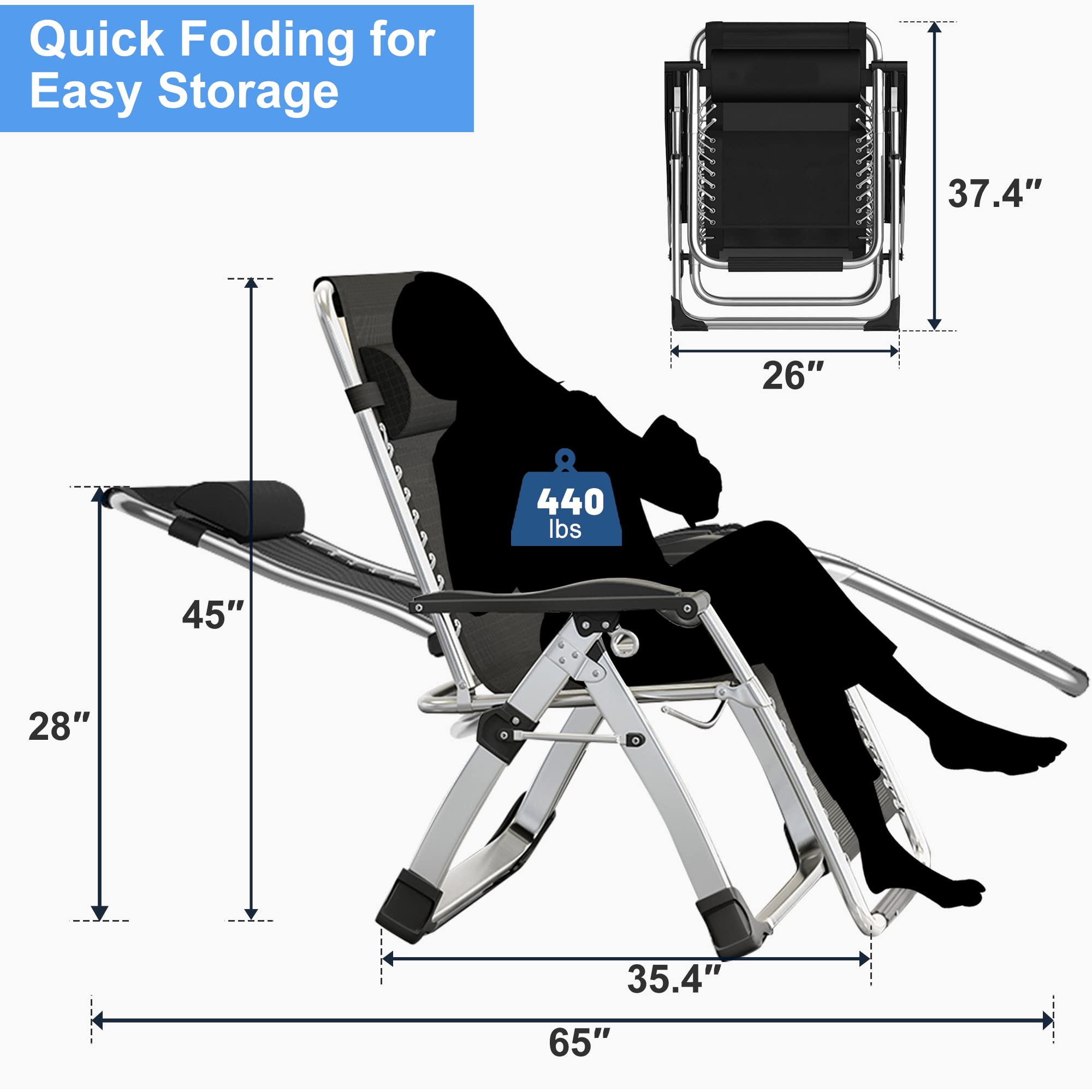 H&ZT Zero Gravity Chair,Folding Lounge Recliners with Removable Soft Pad,Headrest and Footrest,Sun Tanning Chair for Indoor and Outdoor,Support 440 LBS