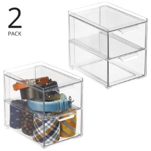 mDesign Stackable Storage Containers Box with 2 Pull-Out Drawers - Stacking Plastic Drawer Bins for Closet Organization, Linen, Coat, Bedroom or Entryway Closets - Lumiere Collection - 2 Pack - Clear