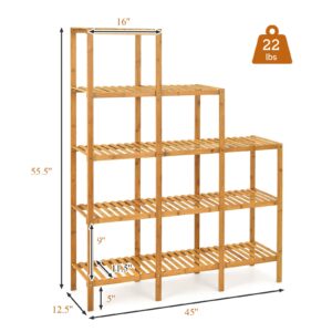 Giantex 5 Tier Bamboo Shelf, Cube Storage Organizer w/ 9 Cubes, Bamboo Bathroom Shelf, Multipurpose Storage Organizer Display Plant Stand for Home Office Living Room Balcony