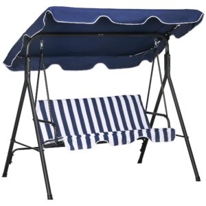 outsunny 3-seat outdoor patio swing chair with removable cushion, steel frame stand and adjustable tilt canopy for patio, garden, poolside, balcony, backyard, dark blue