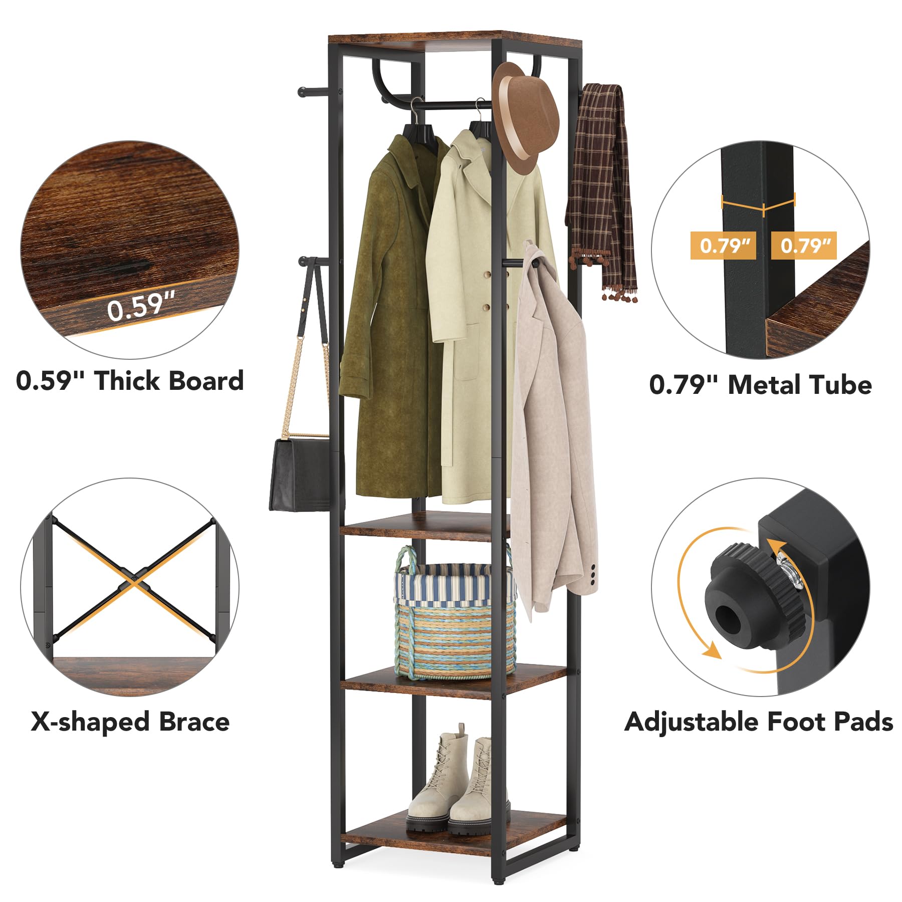 Tribesigns Coat Rack Freestanding with Shelves, Industrial Hall Tree with 4 Shelves and 8 Hooks, Standing Small Clothes Rack Closet Organizer for Entryway, Bedroom