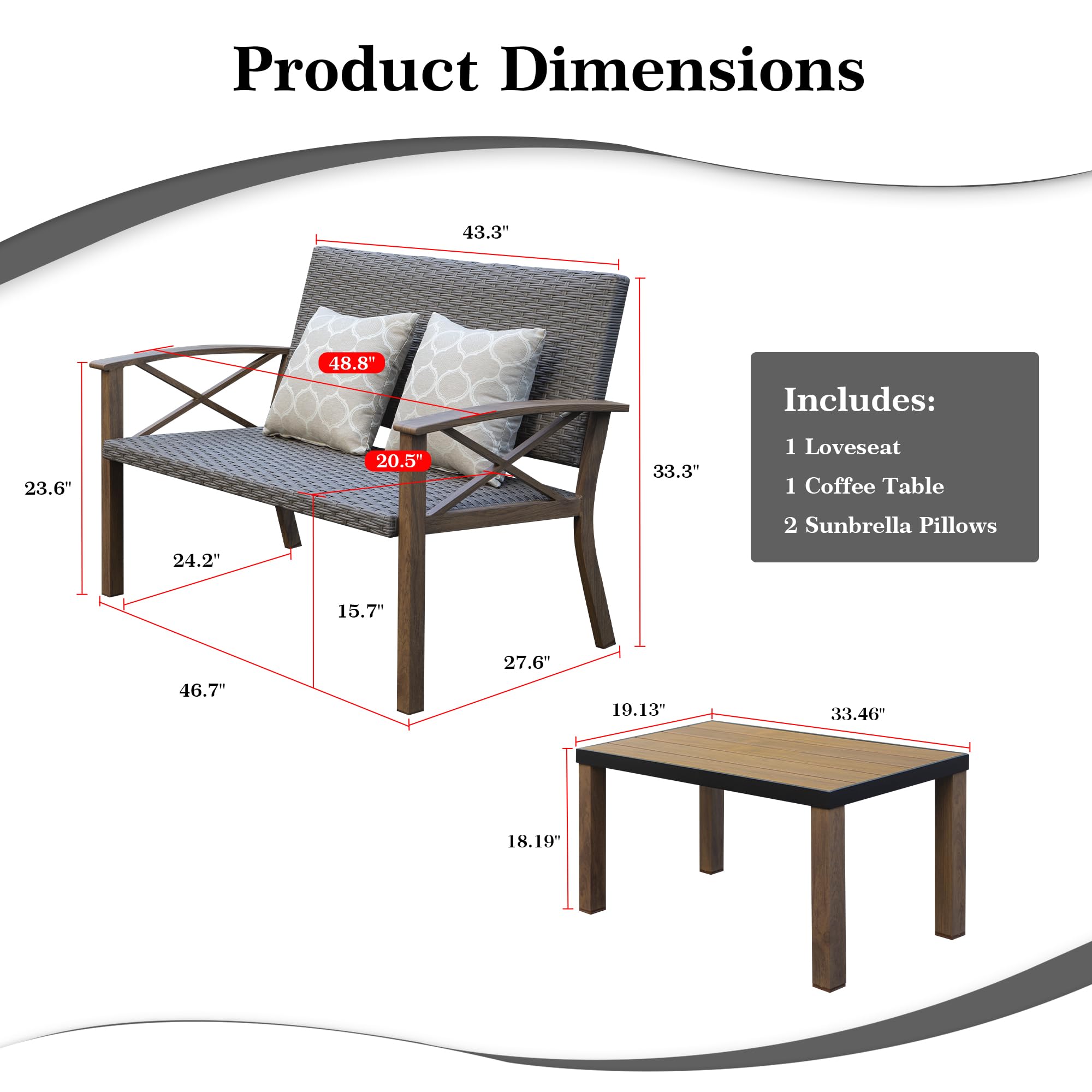 Domi Aluminum Patio Furniture Set, 2-Piece Modern Conversation Set with Cotton Padding Backrests and Seats, Outdoor Loveseat Metal Sofa Set with 5.5 Inch Cushion and Coffee Table for Balcony, Garden