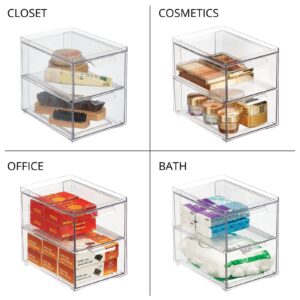 mDesign Stackable Storage Containers Box with 2 Pull-Out Drawers - Stacking Plastic Drawer Bins for Closet Organization, Linen, Coat, Bedroom or Entryway Closets - Lumiere Collection - 2 Pack - Clear