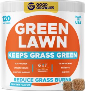 goodgrowlies grass burn spot chews for dogs - pee lawn spot saver - natural urine neutralizer for grass burn spots - dog pee lawn repair - w dl-methionine - 120 ct