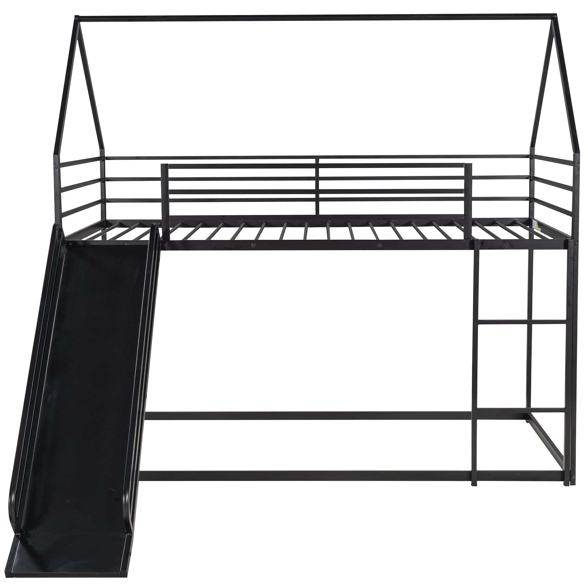 CITYLIGHT Metal Bunk Beds with Slide, House Bunk Bed Twin Over Twin with Roof, Kids Floor Bunk Beds with Built-in Ladder for Girls Boys Toddlers, Black