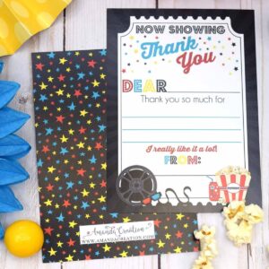 Bold Movie Night Birthday Thank You Notes, Ten 4" x 5.5" Fill In The Blank Cards with 10 White Envelopes by AmandaCreation