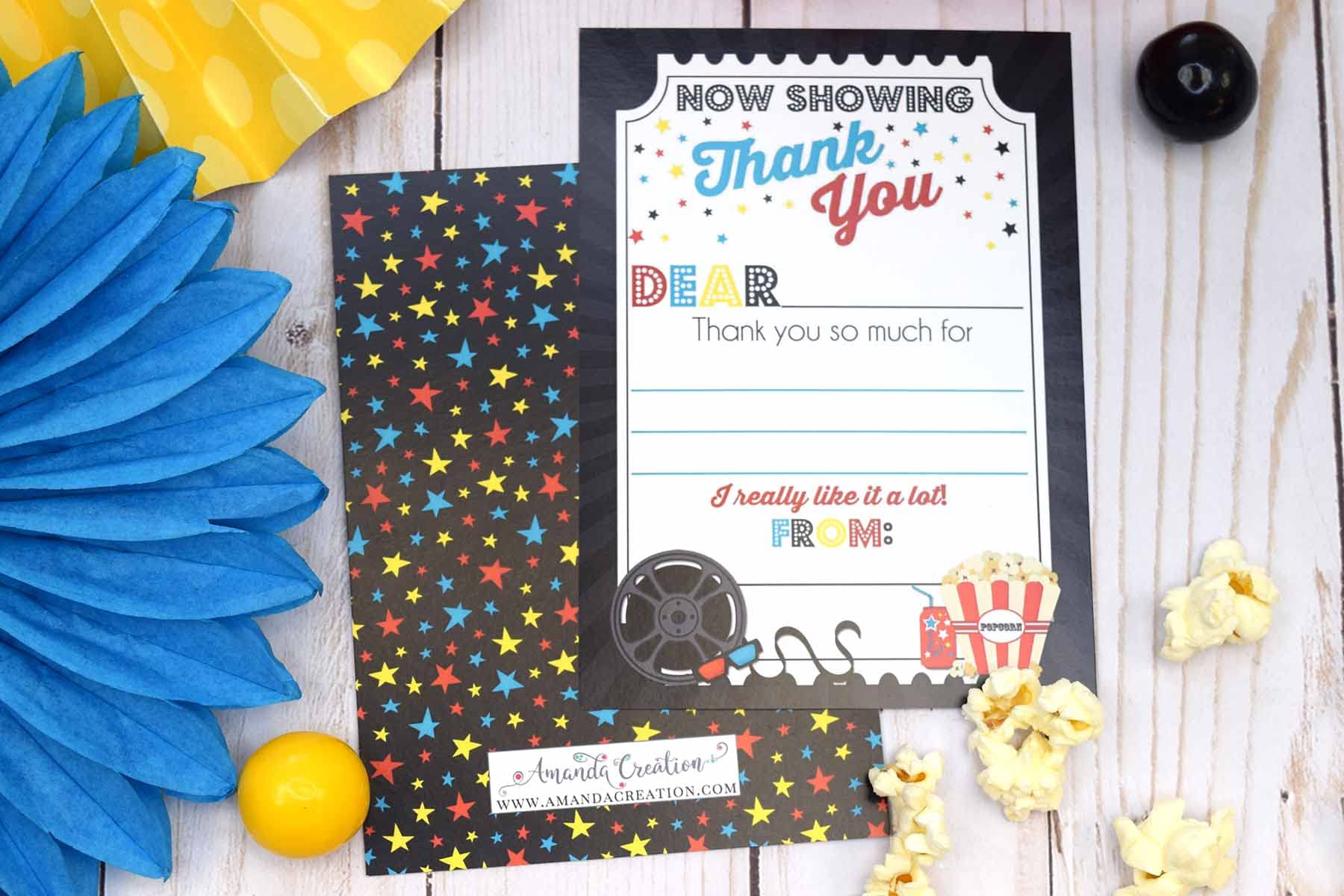 Bold Movie Night Birthday Thank You Notes, Ten 4" x 5.5" Fill In The Blank Cards with 10 White Envelopes by AmandaCreation