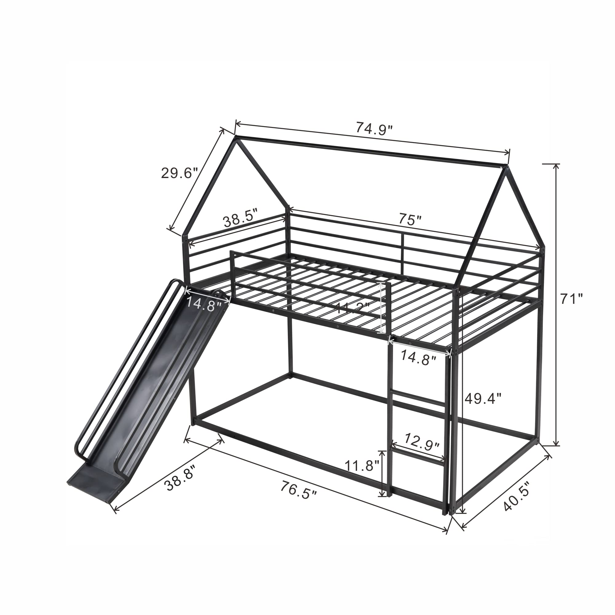 CITYLIGHT Metal Bunk Beds with Slide, House Bunk Bed Twin Over Twin with Roof, Kids Floor Bunk Beds with Built-in Ladder for Girls Boys Toddlers, Black