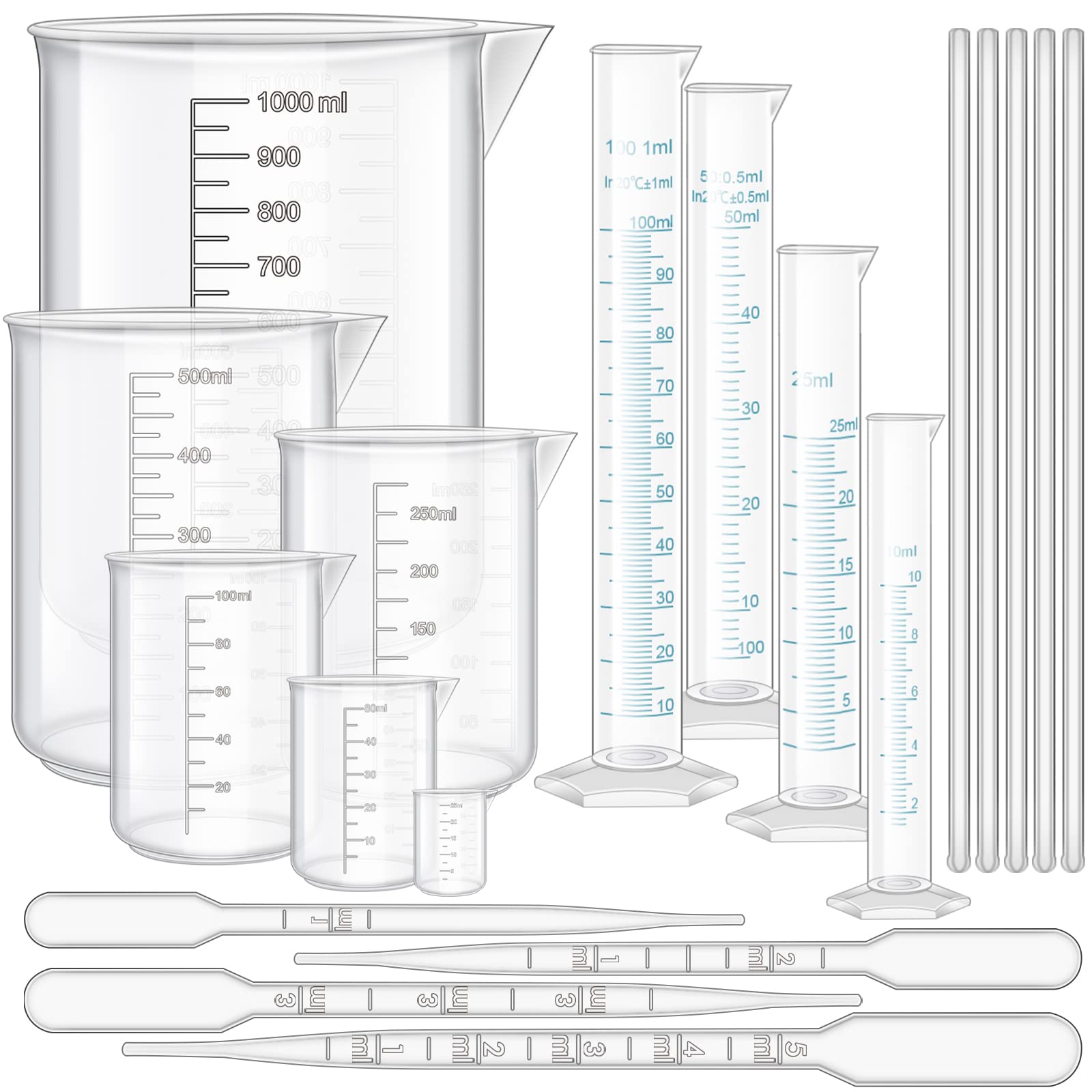 23Pcs Plastic Graduated Cylinders Beakers Set- 6 Clear Plastic Graduated Cylinders 25/50/100/250/500/1000ml, 4 Plastic Beakers 10/25/50/100ml with 8 Plastic Droppers and 5 Stirring Rod