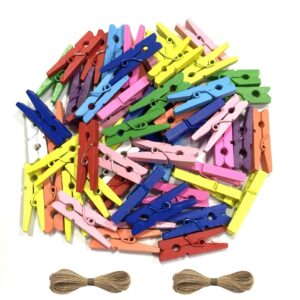 200 Pack Colored Wooden Clothes Pins, 10 Colors Wooden Clothes Pins with 66FT Jute Twine, Rainbow Clips for Photos, Pictures, Clothing Hanging (1.89 in)