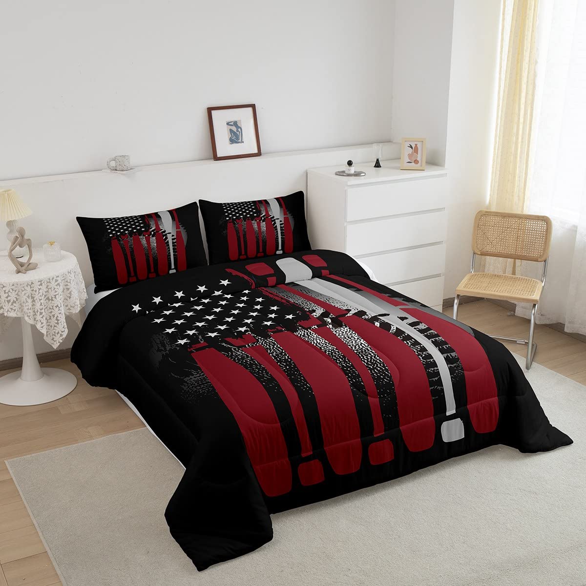 Feelyou Boys Baseball Comforter Set America Flag Baseball Bedding Set for Kids Boys Baseball Bat Duvet Set Cool Sports Game Comforter 1 Comforter Set with 2 Pillowcases Queen Size