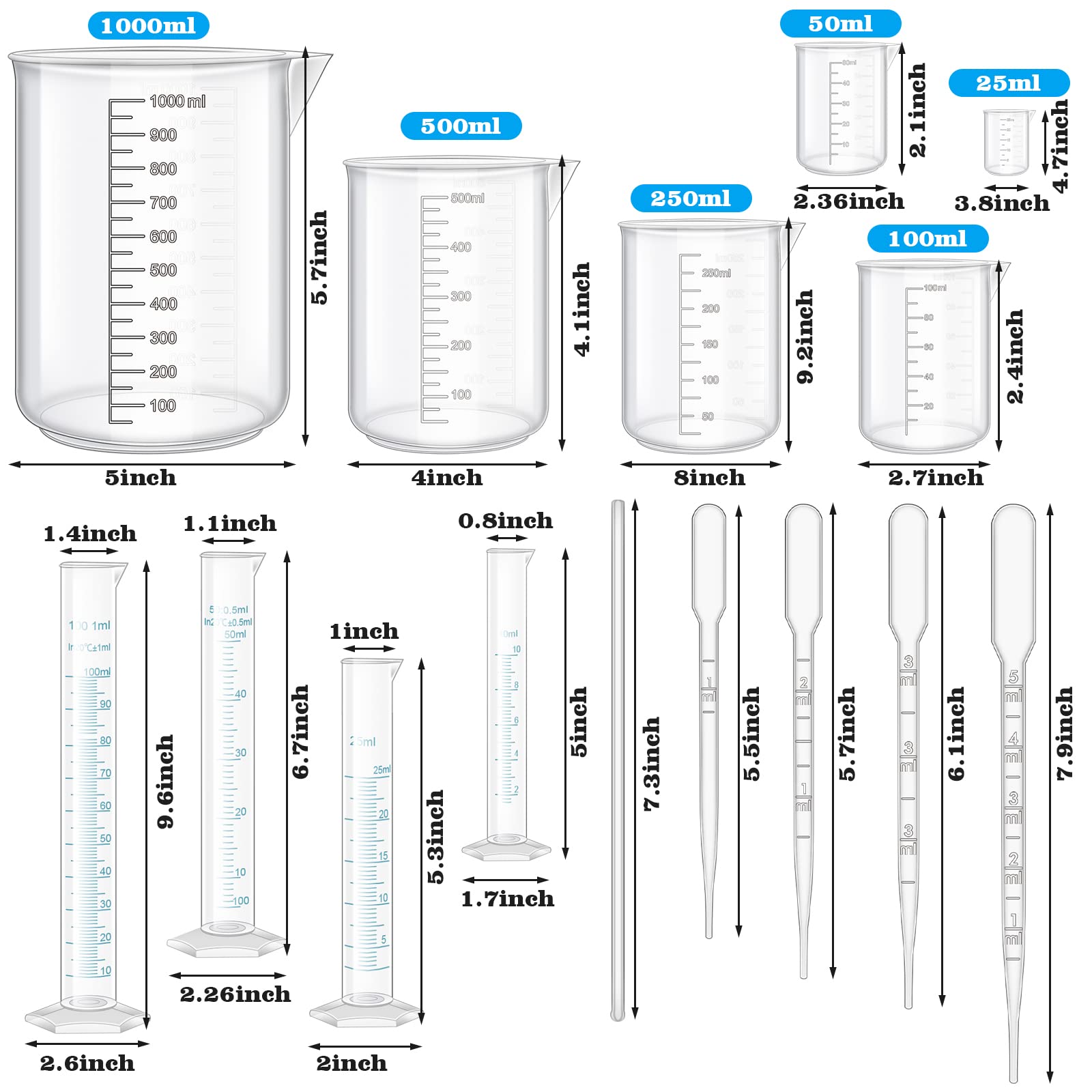 23Pcs Plastic Graduated Cylinders Beakers Set- 6 Clear Plastic Graduated Cylinders 25/50/100/250/500/1000ml, 4 Plastic Beakers 10/25/50/100ml with 8 Plastic Droppers and 5 Stirring Rod