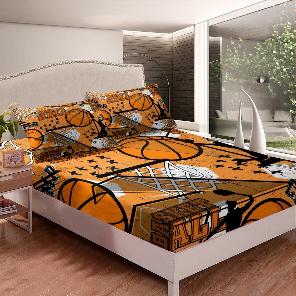 Basketball Bed Sheet Set Sports Theme Bedding Sheet 3D Ball Games Fitted Sheet for Boys Girls Children Teens Bedroom Decor Yellow Basketball Player Comforter Cover Twin Size with 1 Pillow Case