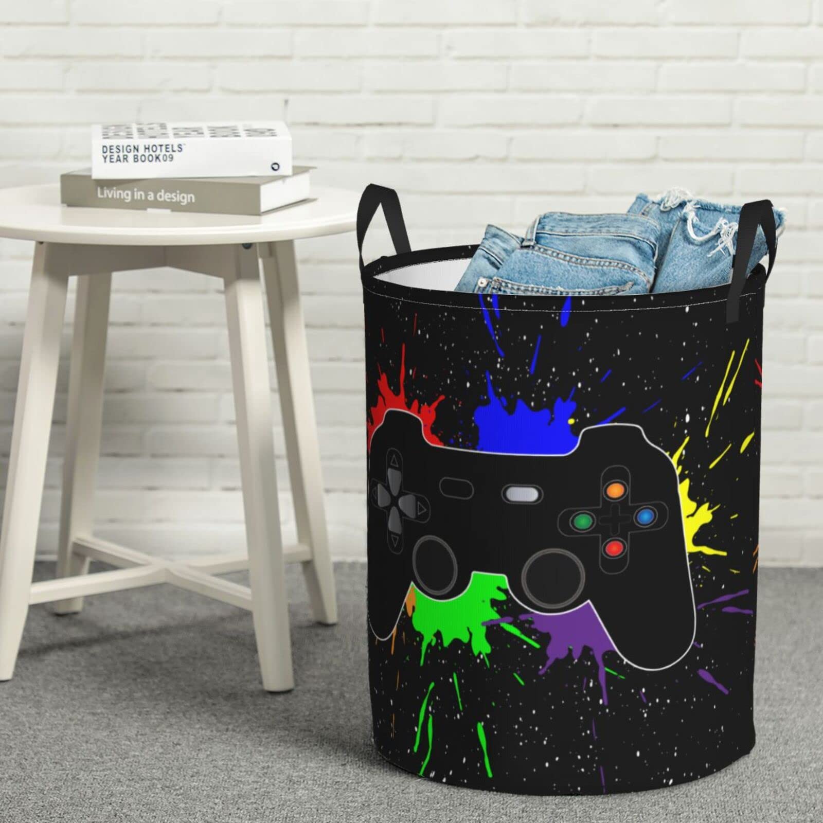 Gbuzozie 62l Round Laundry Hamper Game Joystick Storage Basket Waterproof Coating Organizer Bin For Nursery Clothes Toys