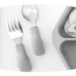 Tiny Twinkle Easy Grip Toddler Utensils Spoon and Fork Set - BPA & Phthalate Free Utensil Sets, Kids Silverware With Silicone Handle, Baby Led Weaning Supplies for 12 Months & Up (Grey Elephant)