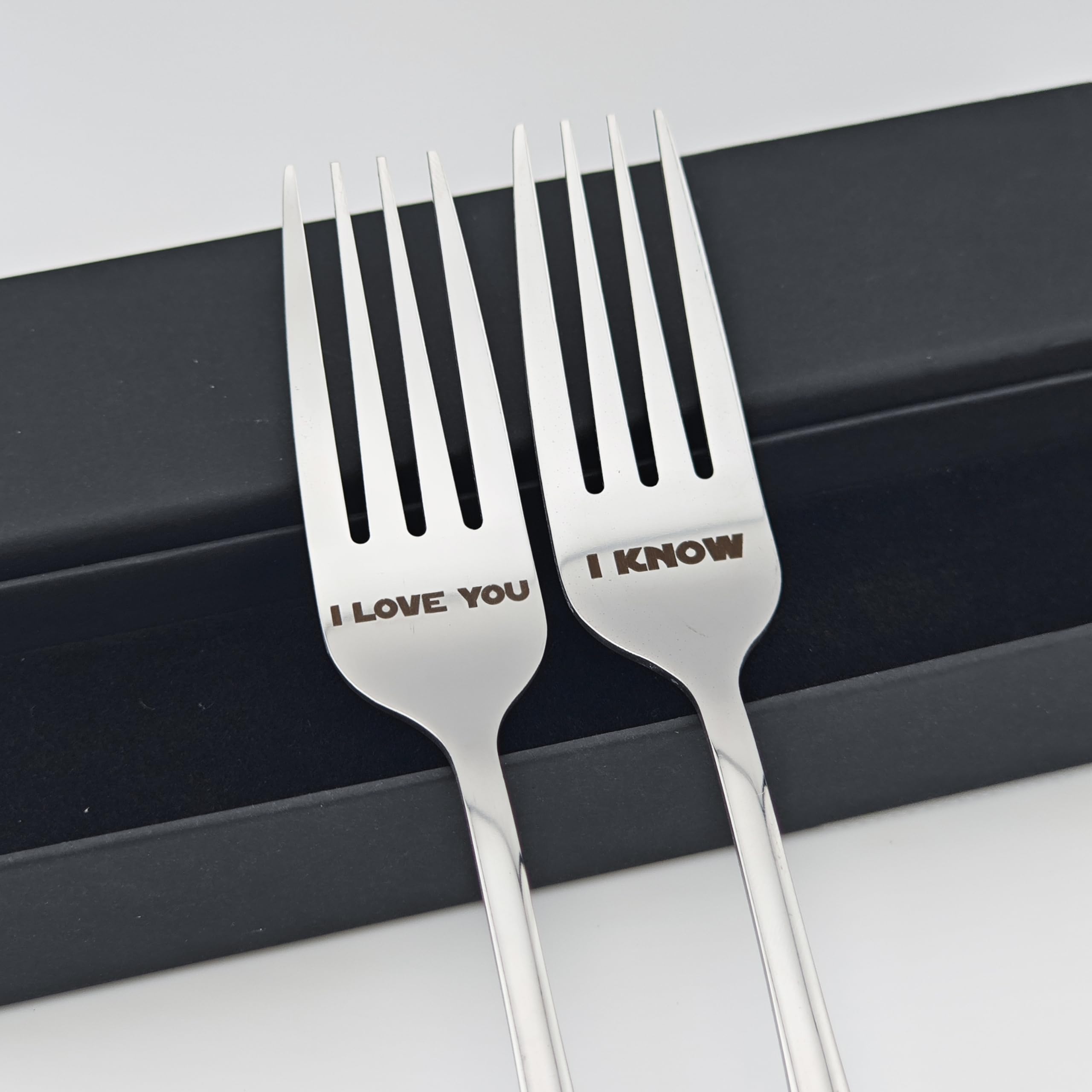 I LOVE YOU/I KNOW Pair of Forks For Couple 7.9" Laser-engraved Fork With Gift Box, Valentine Gift For StarWars Fans