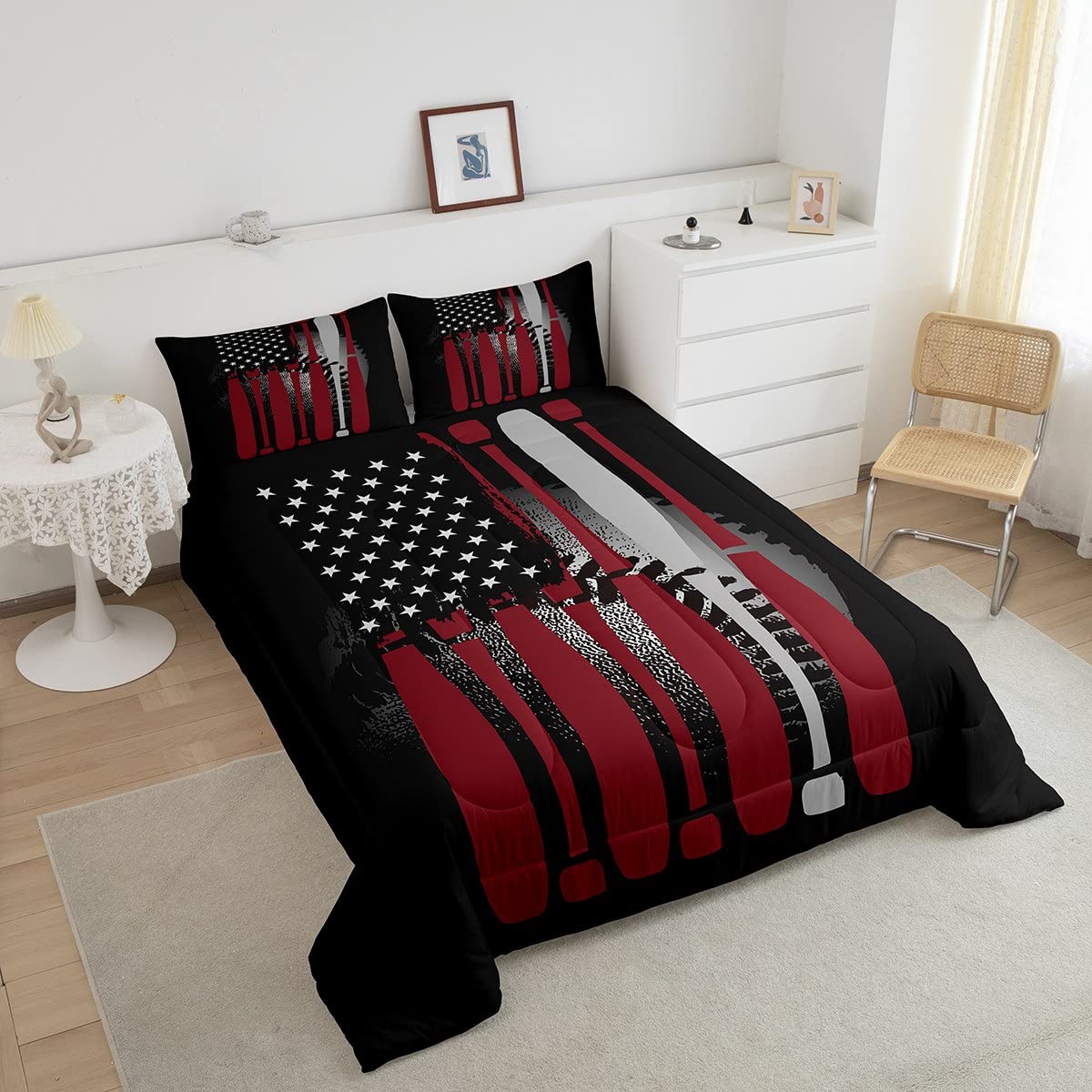 Feelyou Boys Baseball Comforter Set America Flag Baseball Bedding Set for Kids Boys Baseball Bat Duvet Set Cool Sports Game Comforter 1 Comforter Set with 2 Pillowcases Queen Size