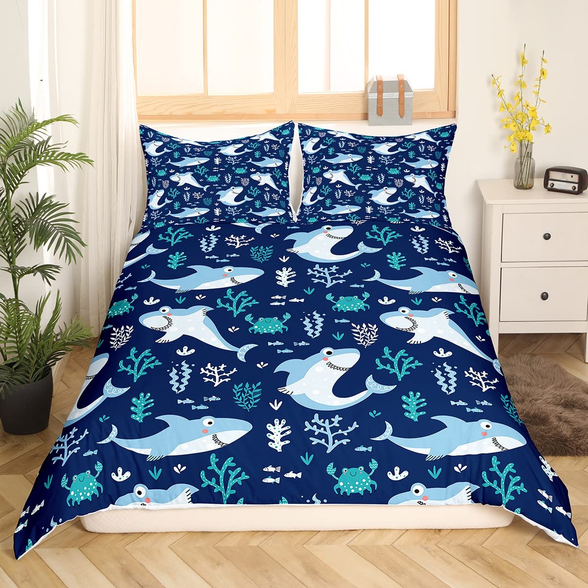 Cute Shark Duvet Cover Set Queen Size,Seaweed Crab Bedding Set 3pcs for Kids Teens Adult Room Decor, Ocean Sea Animals Comforter Cover Navy Blue Quilt Cover with 2 Pillowcases