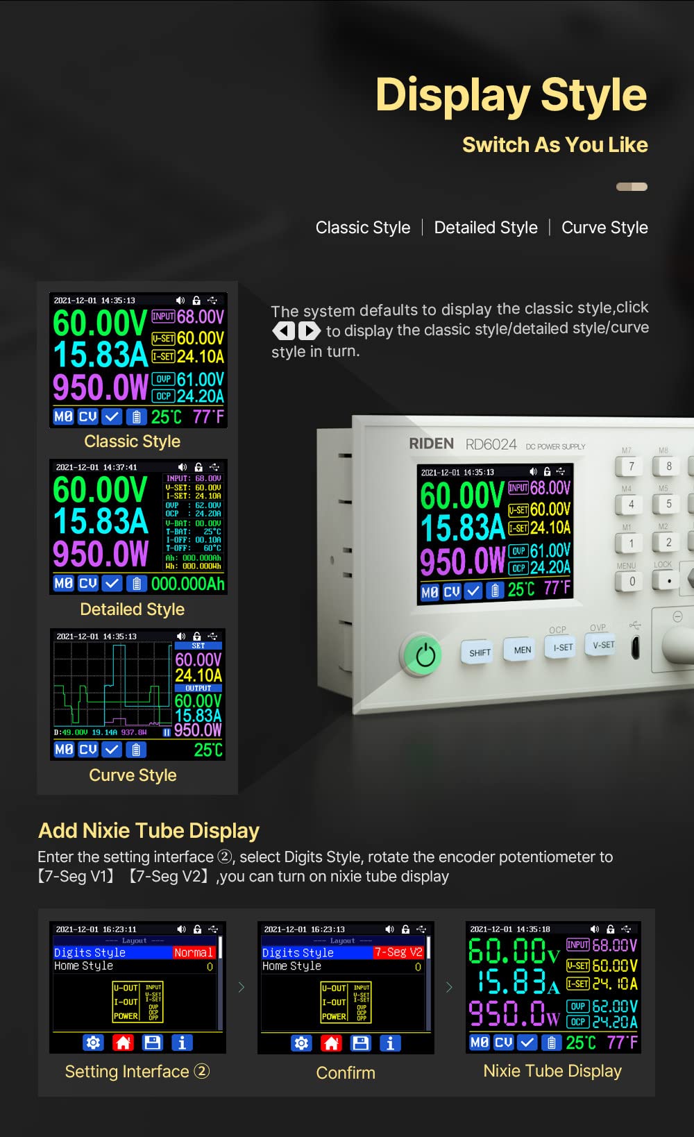 DC Power Supply Variable Adjustable Lab Bench Power Supply Buck Converter Step Down Switching Regulated 4-Digital LCD Display 60V 24A 1140W Assembled RD6024