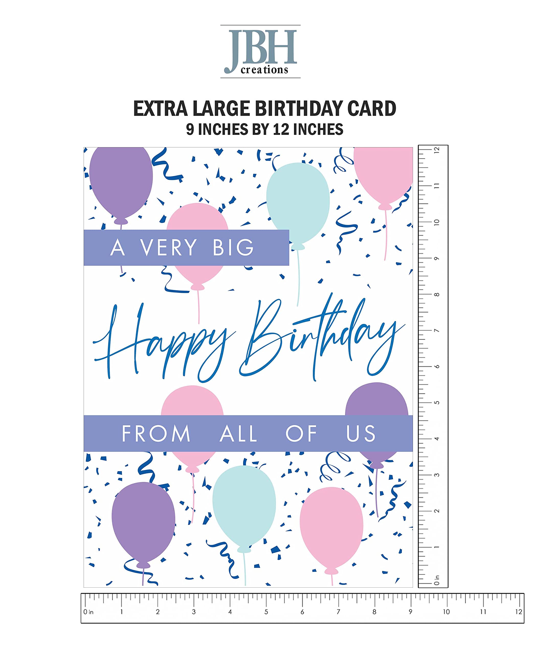 JBH Creations Big Birthday Balloon Drop Card - Extra Large 9 x 12 with Envelope - Pastel