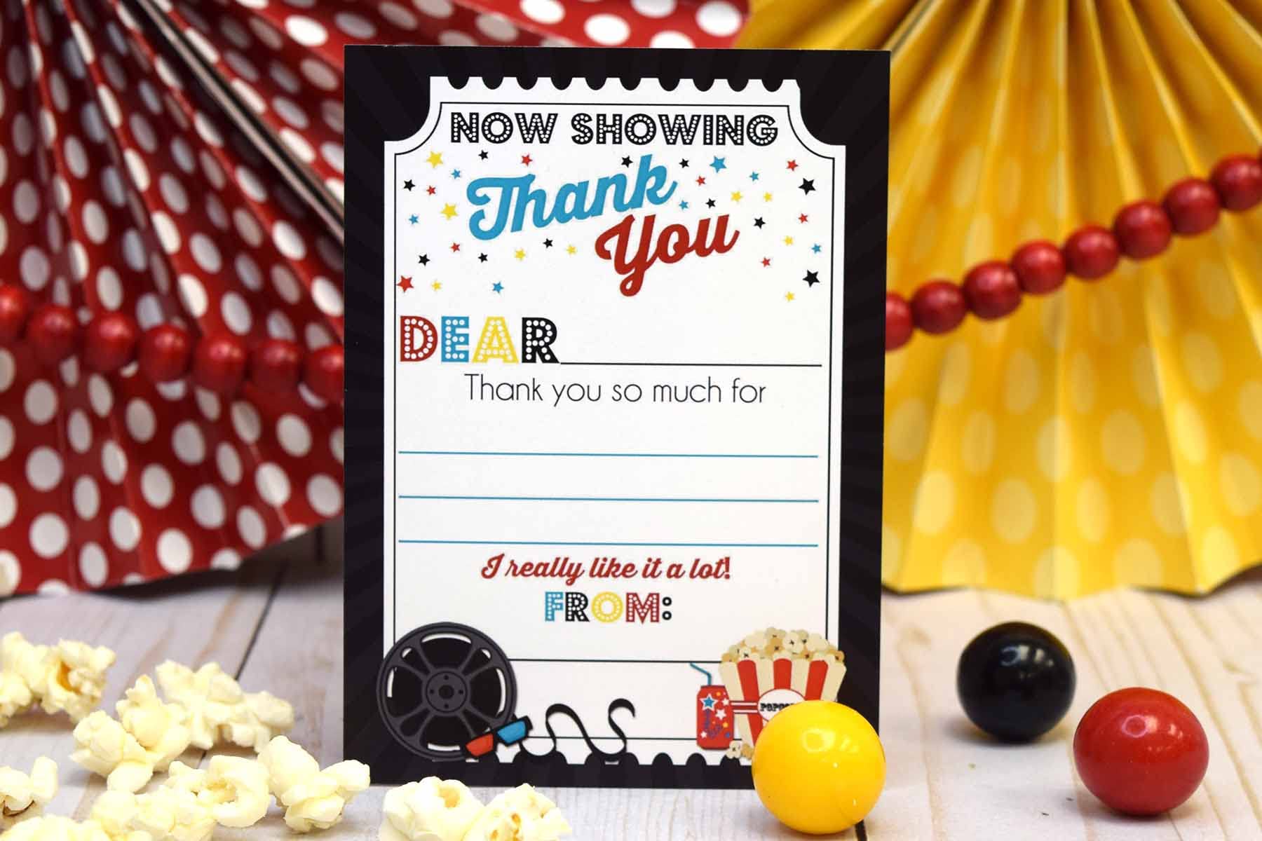 Bold Movie Night Birthday Thank You Notes, Ten 4" x 5.5" Fill In The Blank Cards with 10 White Envelopes by AmandaCreation