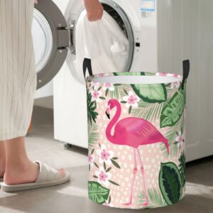 Gbuzozie 38l Round Laundry Hamper Flamingo Palm Leaves Flowers Storage Basket Waterproof Coating Organizer Bin For Nursery Clothes Toys