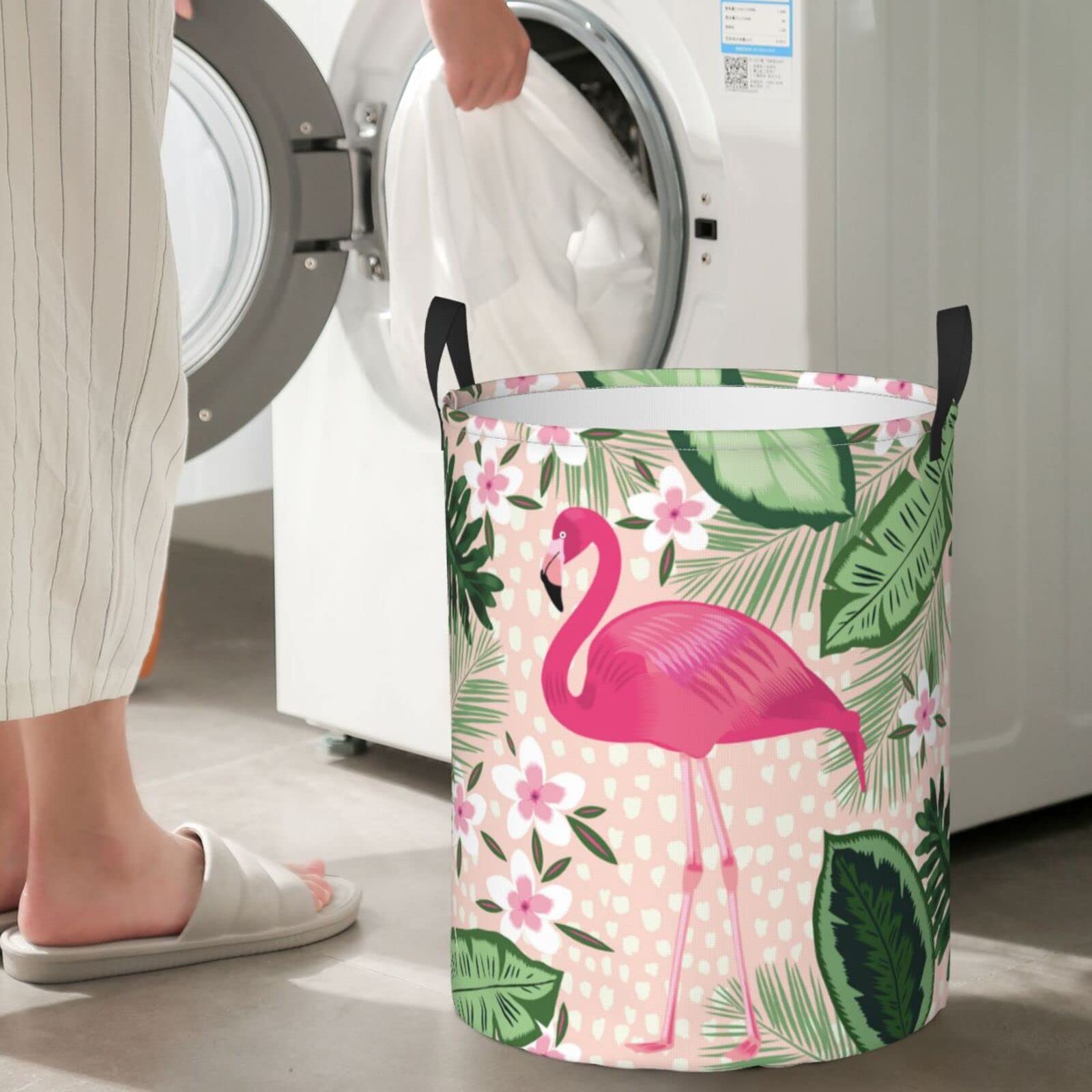 Gbuzozie 38l Round Laundry Hamper Flamingo Palm Leaves Flowers Storage Basket Waterproof Coating Organizer Bin For Nursery Clothes Toys