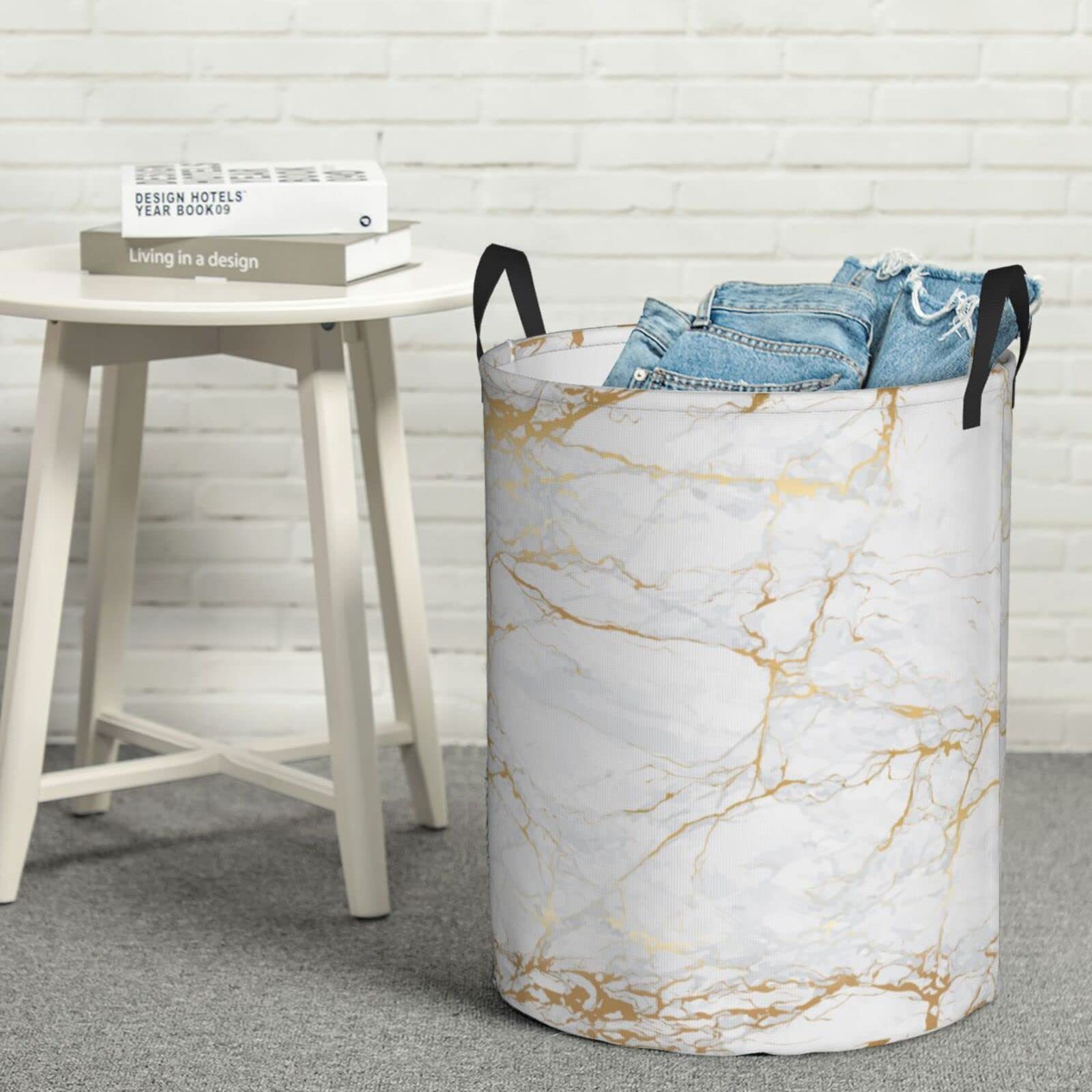 Gbuzozie White Marble Round Laundry Hamper Marbling Texture Storage Basket Waterproof Coating Organizer Bin For Nursery Clothes Toys, 38L