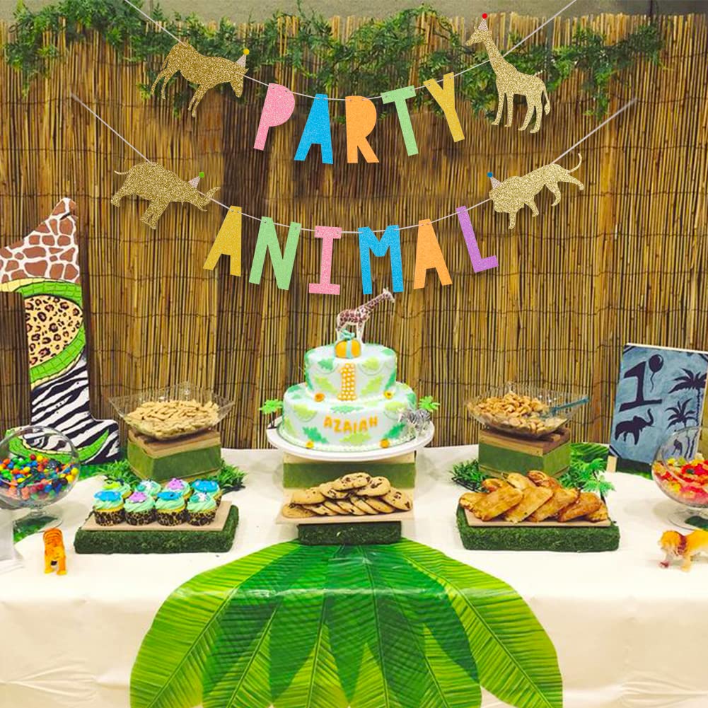 WAOUH Party Animal Birthday Banner for Baby - Zoo Party Decor,Circus Party Decor for Baby Showers,Glittering Photo Props,Jungle Safari Animal Party Supplies