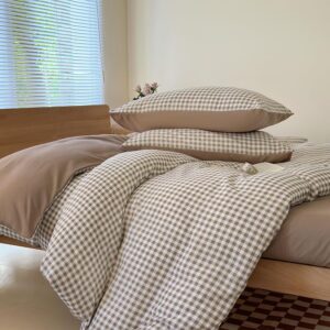 NSNLGSGC Twin Grid Gingham Duvet Cover Set Tan - Washed Soft Comforter Cover Set Brown Lightweight Bedding Set (2PCS, Twin)