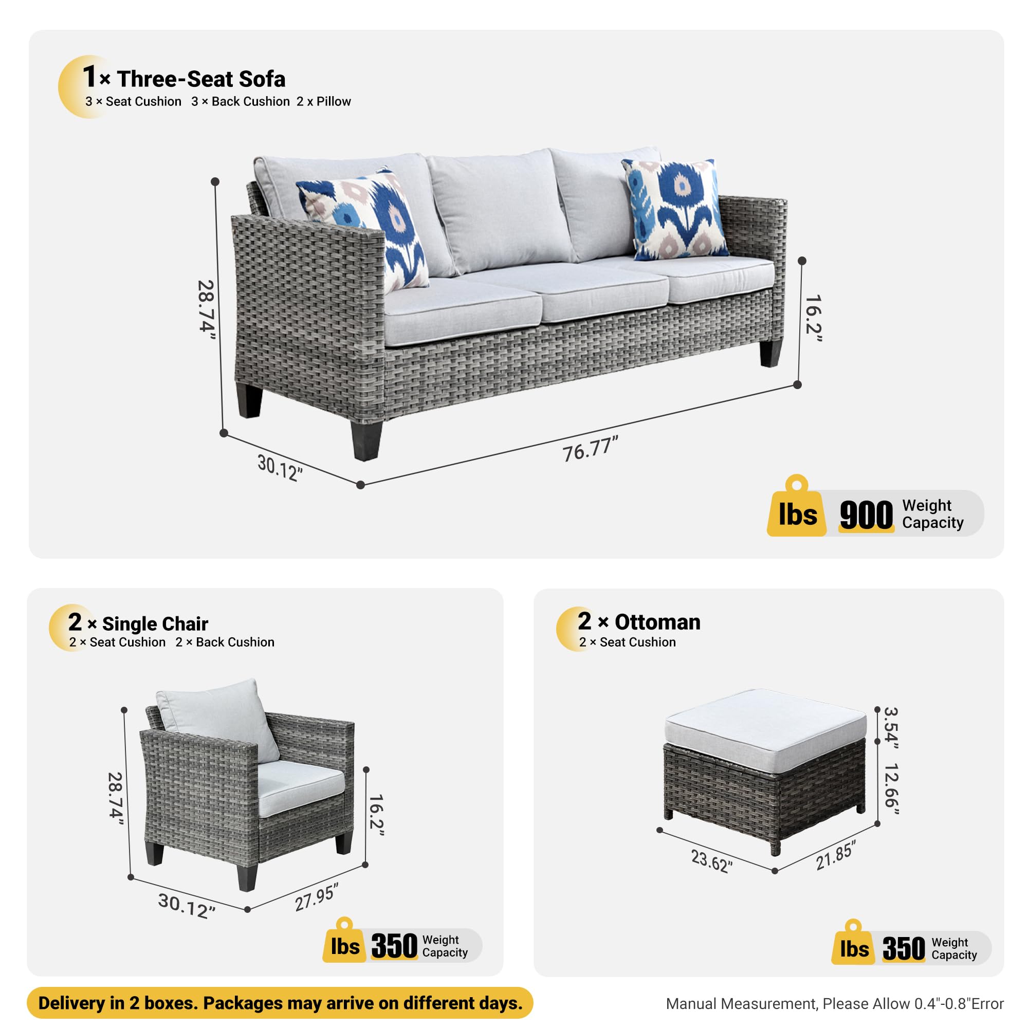 ovios Patio Furniture Set, 5 Pieces Outdoor Wicker Rattan Sofa Couch with Ottomans and Comfy Cushions, All Weather High Back Conversation Set for Backyard Porch Garden, Grey