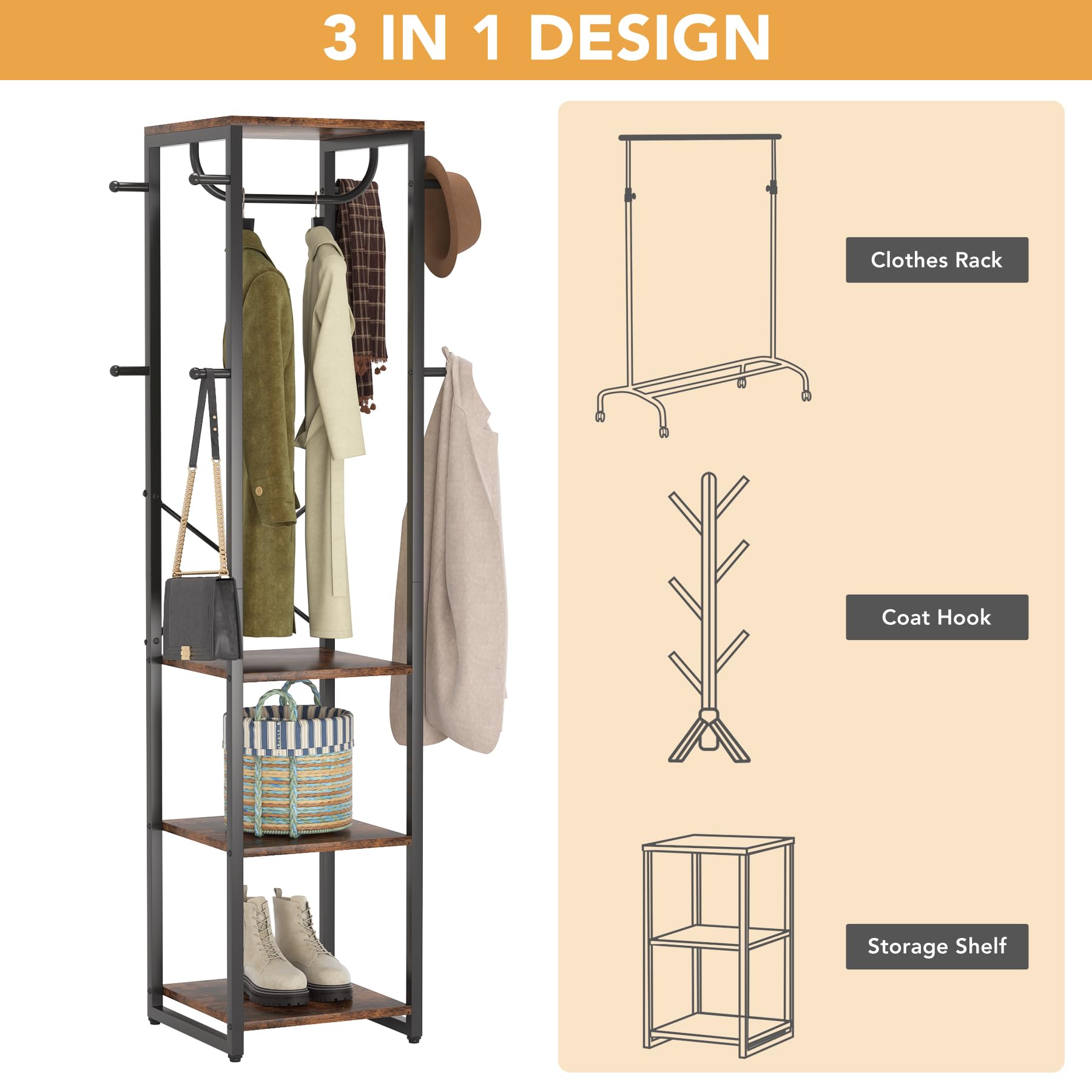 Tribesigns Coat Rack Freestanding with Shelves, Industrial Hall Tree with 4 Shelves and 8 Hooks, Standing Small Clothes Rack Closet Organizer for Entryway, Bedroom