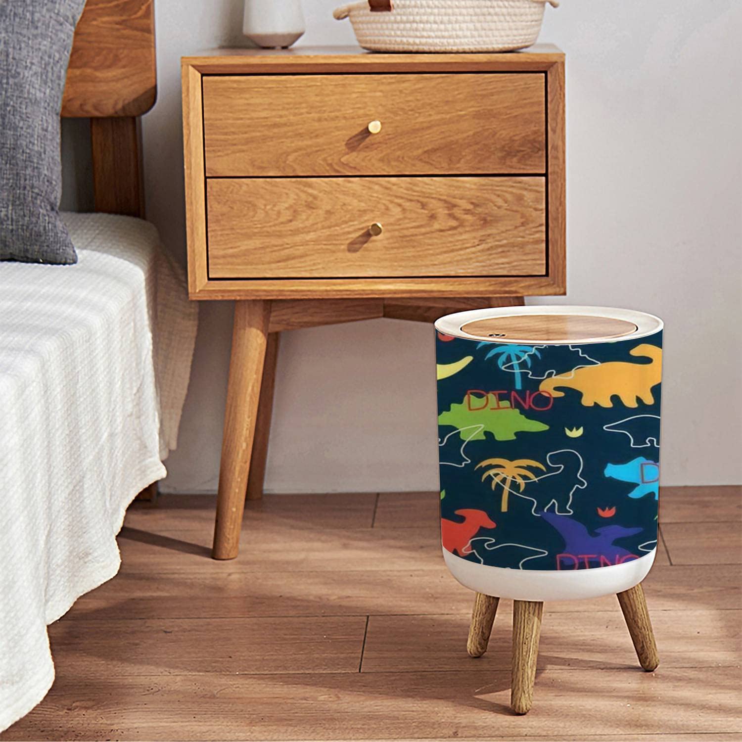 KCDCYCZEAL Small Trash Can with Lid Seamless Colorful Dinosaurs Dinosaur Silhouette Round Recycle Bin Press Top Dog Proof Wastebasket for Kitchen Bathroom Bedroom Office 7L/1.8 Gallon