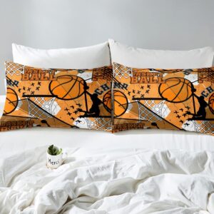 Basketball Bed Sheet Set Sports Theme Bedding Sheet 3D Ball Games Fitted Sheet for Boys Girls Children Teens Bedroom Decor Yellow Basketball Player Comforter Cover Twin Size with 1 Pillow Case