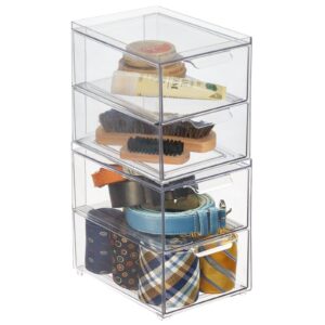 mdesign stackable storage containers box with 2 pull-out drawers - stacking plastic drawer bins for closet organization, linen, coat, bedroom or entryway closets - lumiere collection - 2 pack - clear