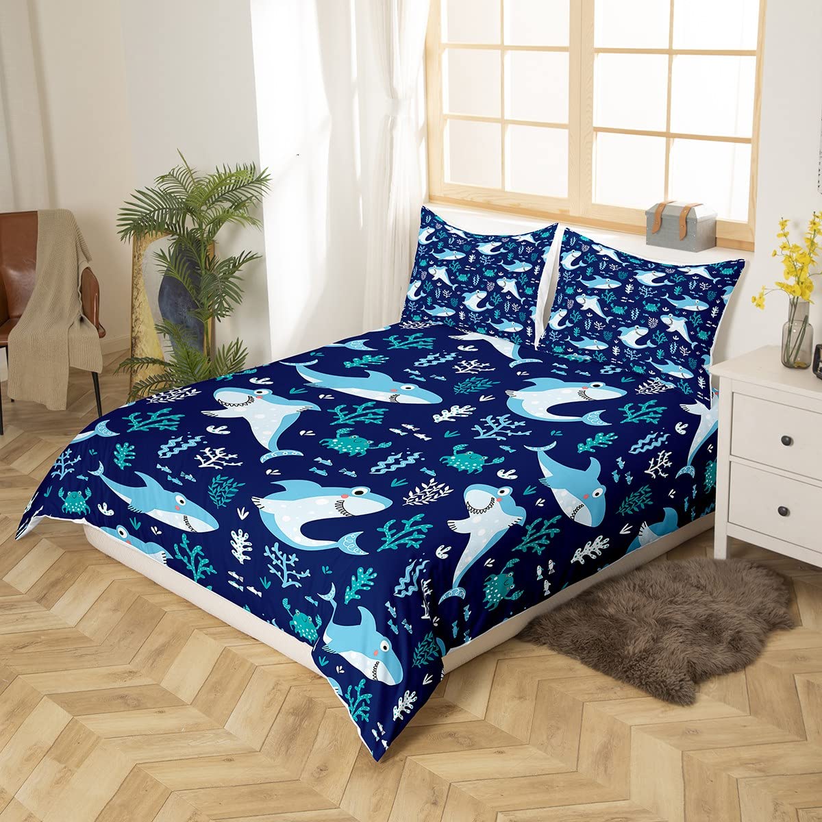 Cute Shark Duvet Cover Set Queen Size,Seaweed Crab Bedding Set 3pcs for Kids Teens Adult Room Decor, Ocean Sea Animals Comforter Cover Navy Blue Quilt Cover with 2 Pillowcases