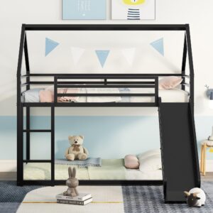 citylight metal bunk beds with slide, house bunk bed twin over twin with roof, kids floor bunk beds with built-in ladder for girls boys toddlers, black