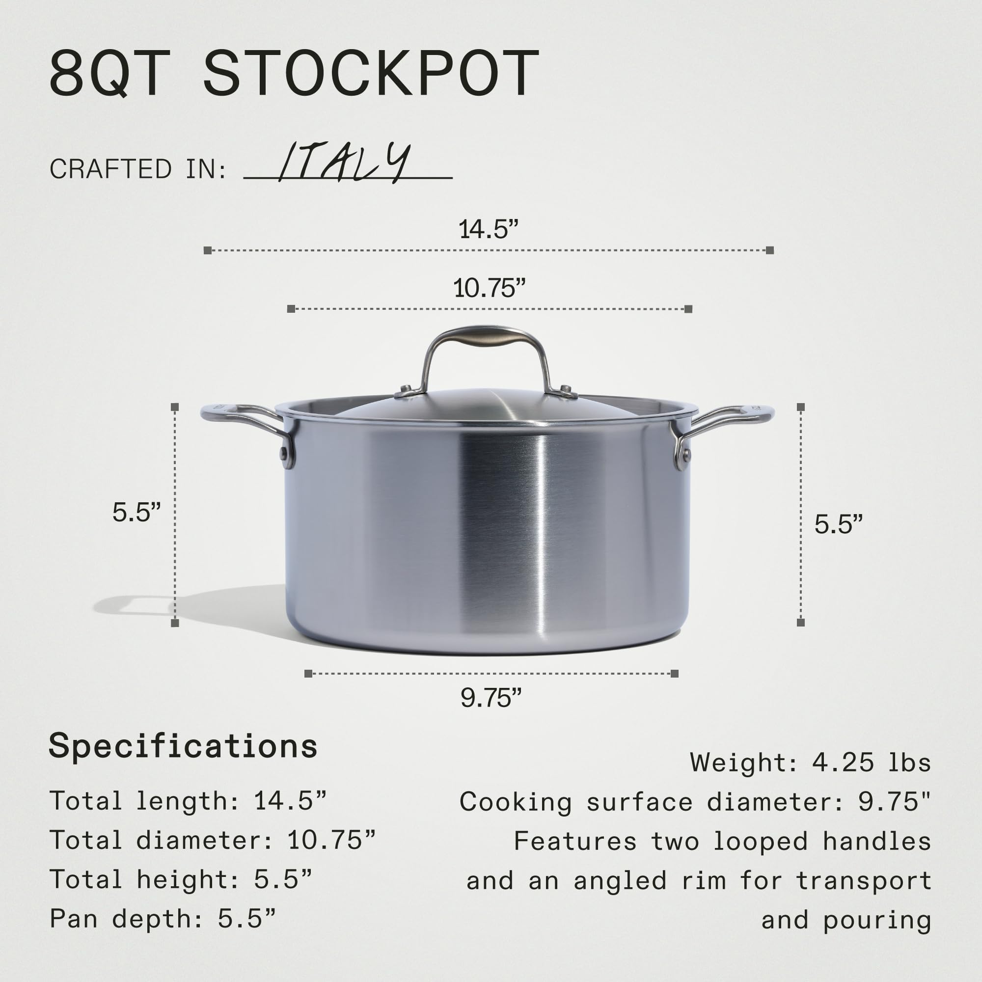 Made In Cookware - 8 Quart Stainless Steel Stock Pot With Lid - 5 Ply Stainless Clad - Professional Cookware - Crafted in Italy - Induction Compatible