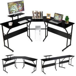 tangkula l-shaped reversible computer desk, 2 person long computer workstation w/movable monitor stand, large home office corner desk for working writing gaming (natural)