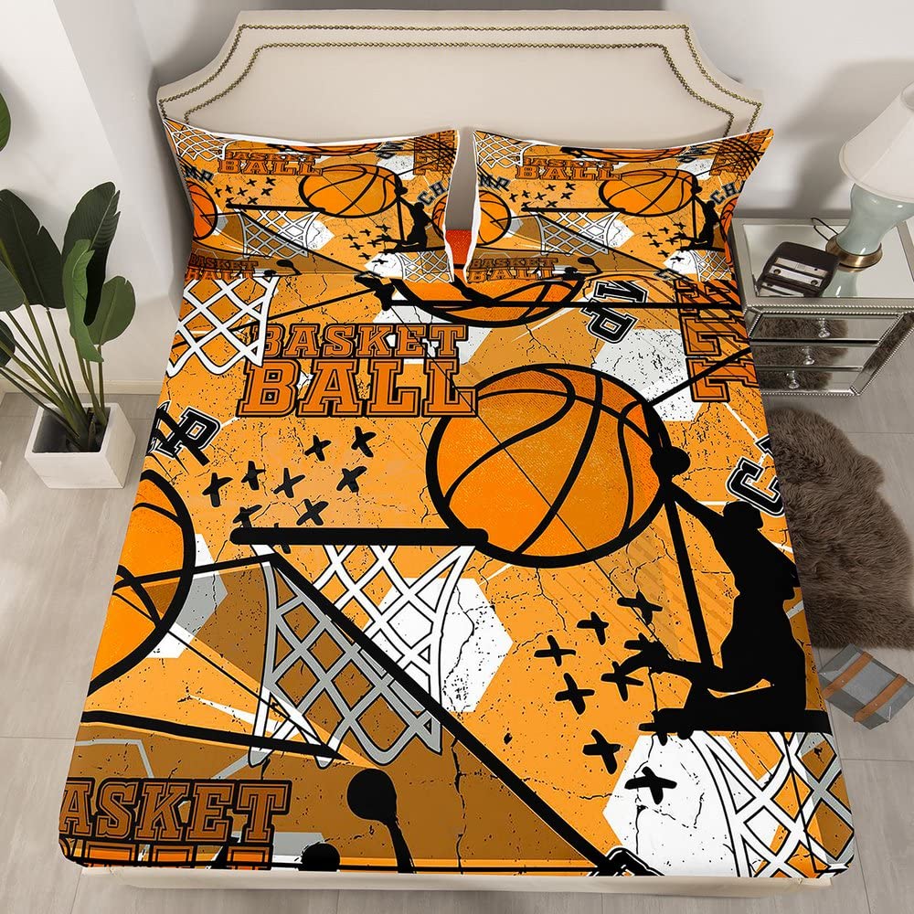 Basketball Bed Sheet Set Sports Theme Bedding Sheet 3D Ball Games Fitted Sheet for Boys Girls Children Teens Bedroom Decor Yellow Basketball Player Comforter Cover Twin Size with 1 Pillow Case