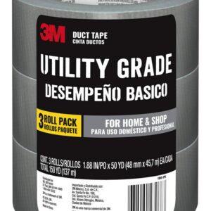 3M Utility Duct Tape, 3 Rolls, 1.88" in x 50 yd, Strong Adhesive, Adheres to Multiple Surfaces, Hand-Tearable, Silver Color Tape, Sticks Instantly, Perfect for Home & Shop Use (1950-3PK)