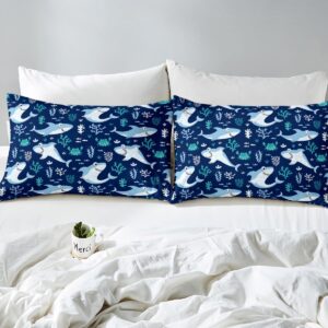 Cute Shark Duvet Cover Set Queen Size,Seaweed Crab Bedding Set 3pcs for Kids Teens Adult Room Decor, Ocean Sea Animals Comforter Cover Navy Blue Quilt Cover with 2 Pillowcases