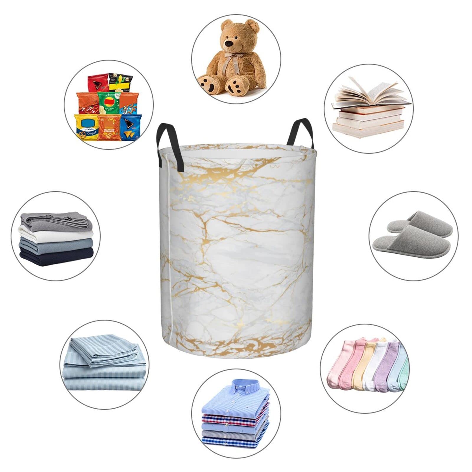 Gbuzozie White Marble Round Laundry Hamper Marbling Texture Storage Basket Waterproof Coating Organizer Bin For Nursery Clothes Toys, 38L