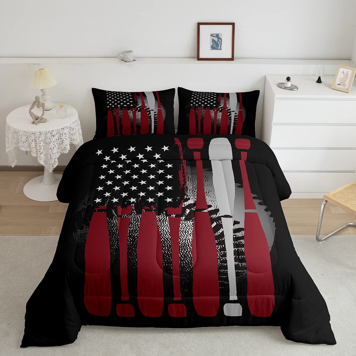 Feelyou Boys Baseball Comforter Set America Flag Baseball Bedding Set for Kids Boys Baseball Bat Duvet Set Cool Sports Game Comforter 1 Comforter Set with 2 Pillowcases Queen Size