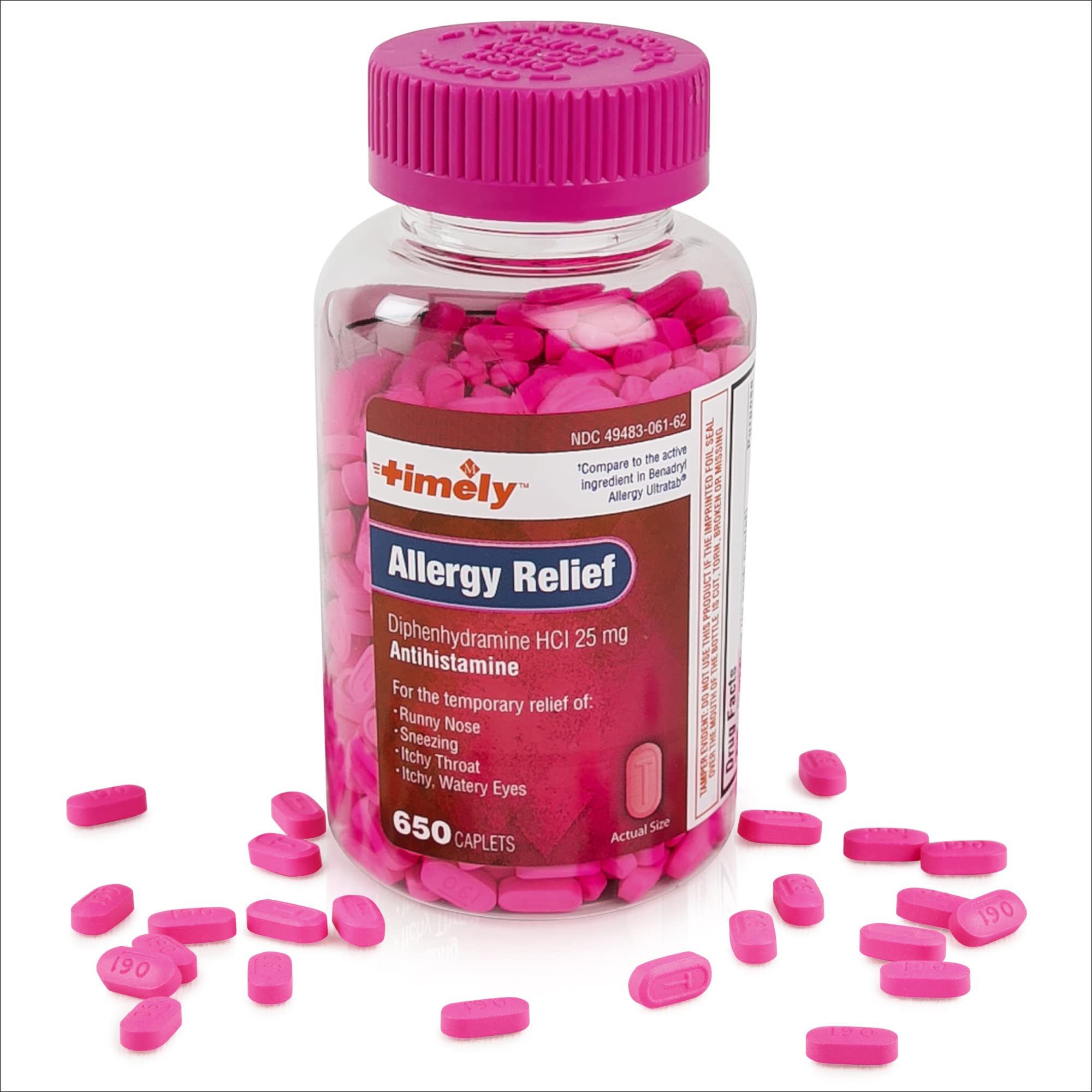 Timely Allergy Relief Diphenhydramine HCl 25 mg - 650 Caplets - Compared to Benadryl Allergy Ultratab - Antihistamine - Allergy Medication - Runny Nose Relief for Adults - Watery Eyes Treatment