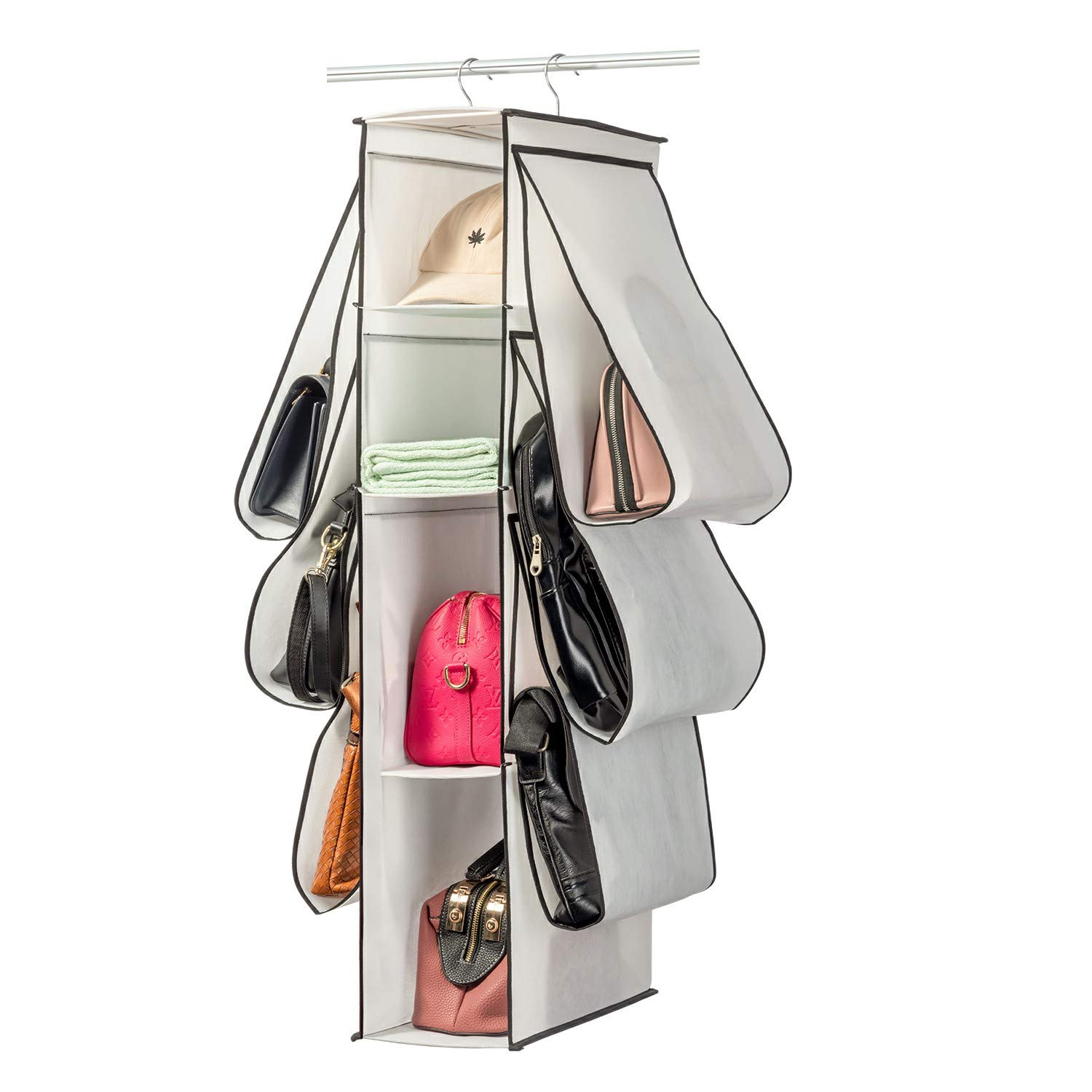 SAVERHO Hanging Purse Handbag Organizer,Closet Purse Handbag Organizer for Wardrobe Space Saving Closet Organizers System with 10 Compartments Handbag Holder (White)